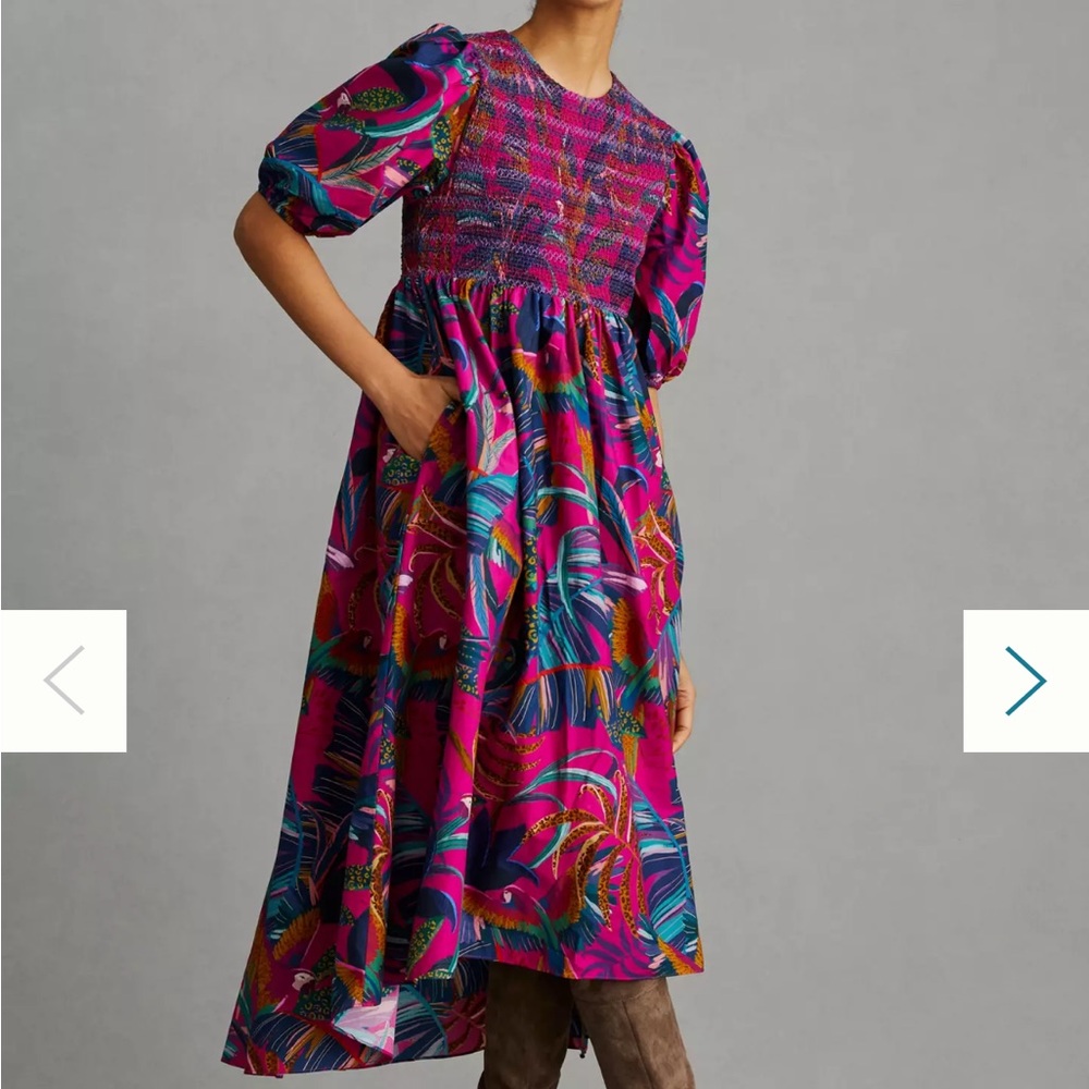 FARM Rio Rainbow Macaws Smocked Puff Sleeve Midi Dress - Picture 6 of 9